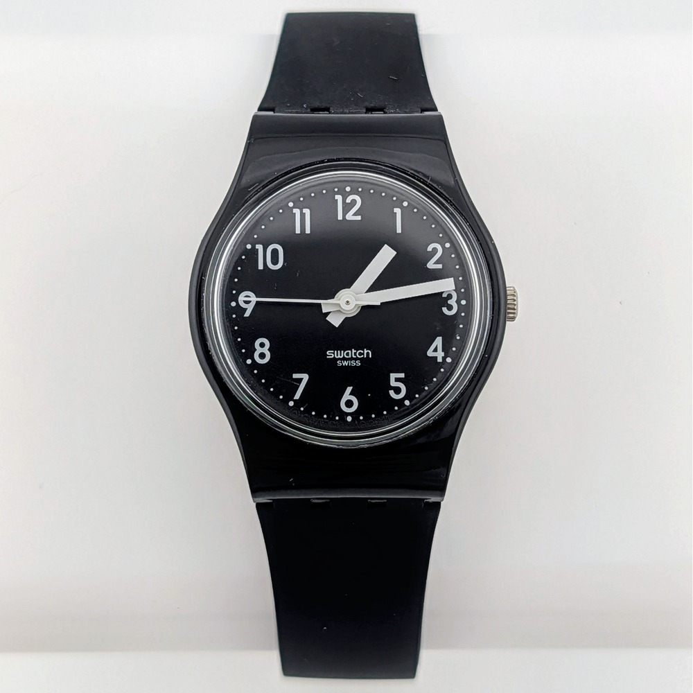 Swatch Swiss Black Quartz Watch White Arabic Numerals 25mm Classic Minimalist